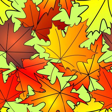 Parlak sonbahar akçaağaç sarı ve kırmızı yaprakların dikişsiz deseni yeşil zemin, doku, tasarım