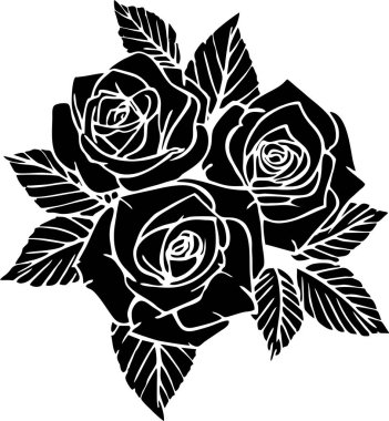 black contour drawing of a bouquet of three roses on a white background, isolated element, decor