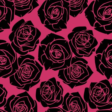 seamless graphic pattern of black silhouettes of roses on a pink background, texture, design
