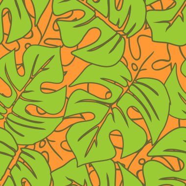 seamless asymmetric pattern of green tropical leaves on a red background, texture, design