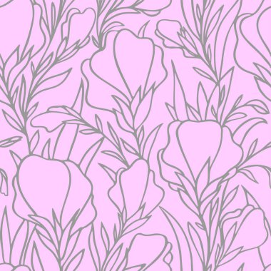 simple two-tone seamless pattern of gray large contours of flowers on a pink background, texture, design