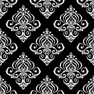seamless graphic pattern, floral white ornament tile on black background, texture, design