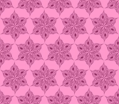 seamless symmetrical pattern of abstract magenta graphic elements on a pink background, texture, design