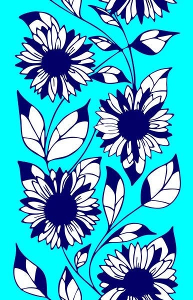 seamless floral frame of blue and white sunflowers on a turquoise background, bright floral frame, texture