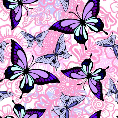 Pembe ve beyaz desenli mor kelebekli, desenli, desenli, çiçekli