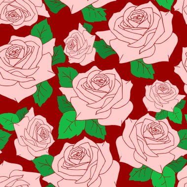 seamless pattern of large pink rose flowers with leaves on a red background, texture, design