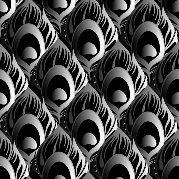seamless pattern of black and gray volumetric peacock feathers, texture, design