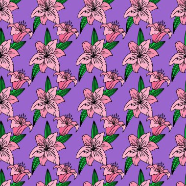 Mor arkaplan, doku ve dizayn üzerinde büyük pembe zambak çiçeklerinin kusursuz yinelenen deseni