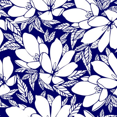 asymmetric seamless floral white contour pattern on a blue background, design, background