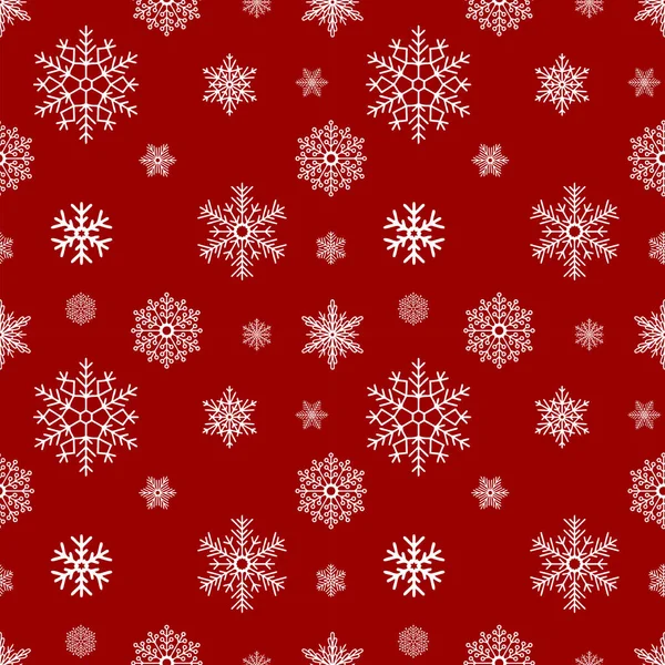 Kış, kar tanelerinin pürüzsüz deseni, kırmızı arka planda beyaz sürekli desen.