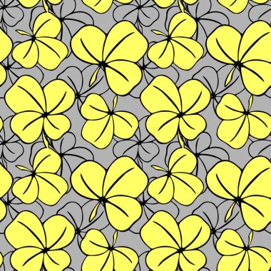 seamless asymmetric pattern of clover leaves in yellow-gray tones and black contouros, design, texture