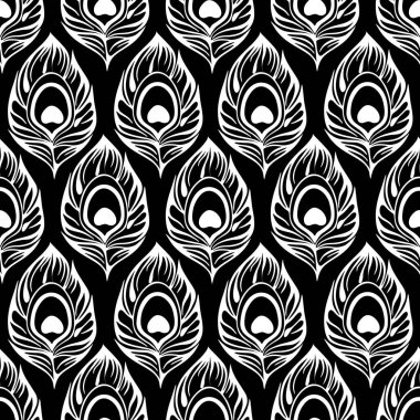seamless contour pattern of white peacock feathers on a black background, texture, design