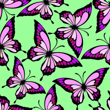 seamless pattern of bright colored butterflies on a green background, texture, design