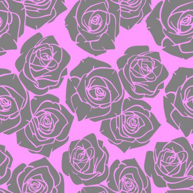 seamless graphic pattern of gray silhouettes of roses on a pink background, texture, design
