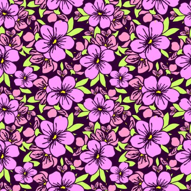 Mor arkaplan, doku, dizayn üzerinde pembe çiçek siluetlerinin kusursuz deseni