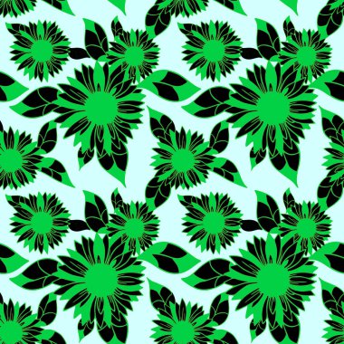 Dekoratif ayçiçeklerinin pürüzsüz yeşil-siyah deseni açık arkaplan, doku, tasarım