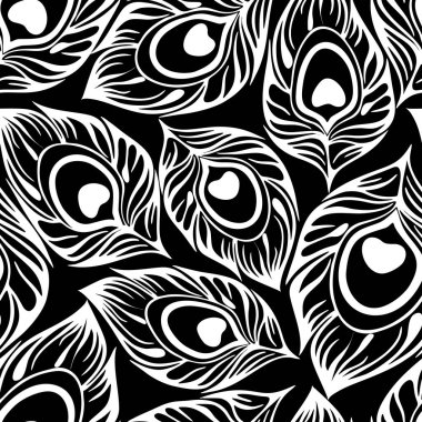 seamless contour pattern of white peacock feathers on a black background, texture, design