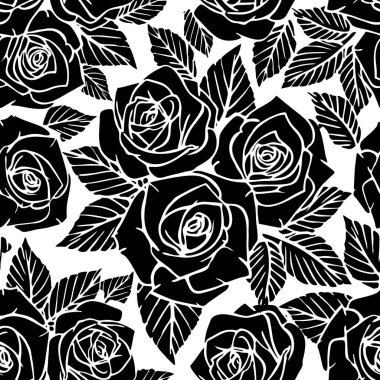 seamless black asymmetric pattern of rose contours on a white background, texture, design