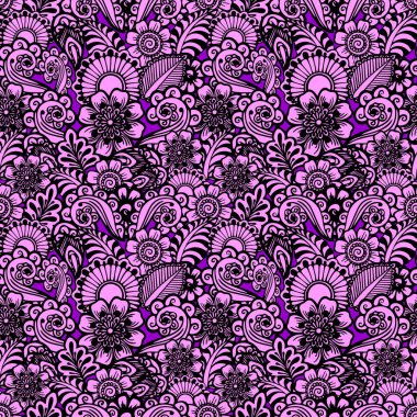 Mor arkaplan üzerinde kusursuz siyah grafik deseni, doğu motifleri, doku, tasarım