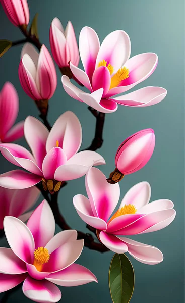 Ljus Illustration Stora Rosa Magnolia Blommor Grå Bakgrund Öppning Design — Stockfoto