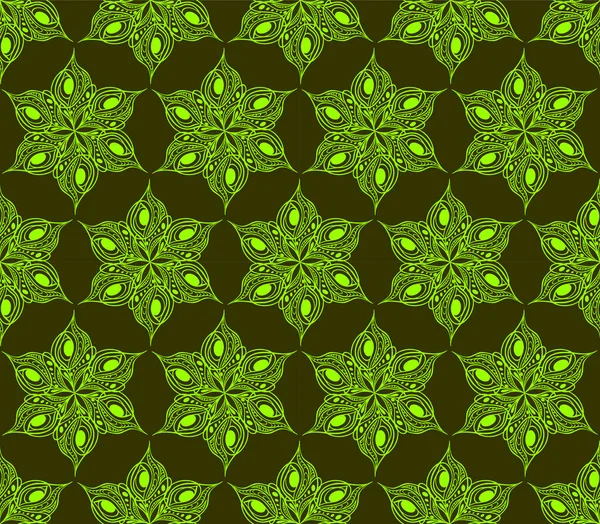 Nahtlose Symmetrische Muster Aus Abstrakten Olivgrünen Grafischen Elementen Auf Grünem — Stockvektor
