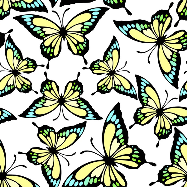 Beyaz Arka Planda Parlak Renkli Kelebeklerin Kusursuz Deseni Dokusu Tasarımı — Stok Vektör
