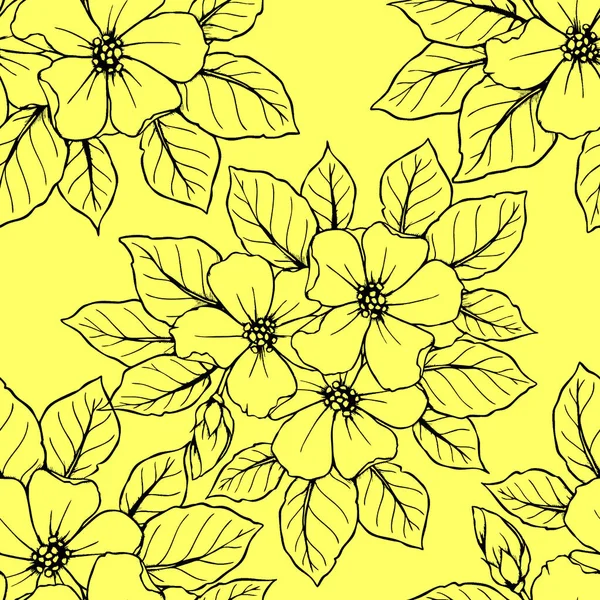 Zökkenőmentes Kontúr Minta Nagy Fekete Virágok Sárga Háttér Textúra Design — Stock Vector