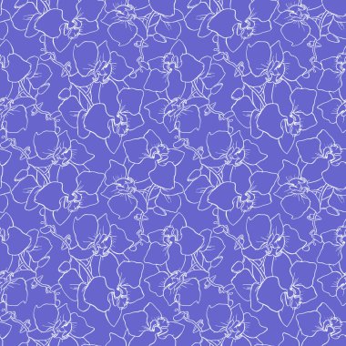 Mavi arkaplan, doku, tasarım üzerinde büyük beyaz orkide siluetleri kusursuz desen