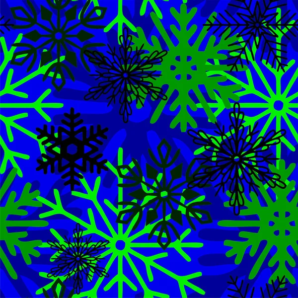 Бесшовный Асимметричный Узор Разноцветных Снежинок Синем Фоне Текстура Дизайн — стоковый вектор