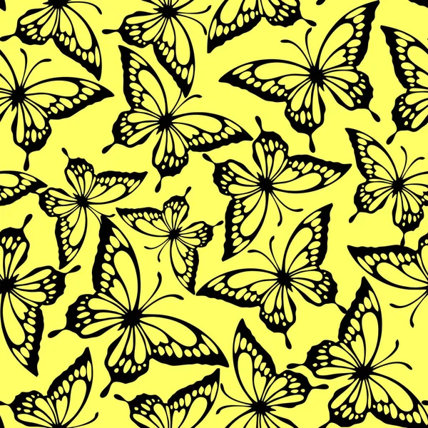 Nahtloses Muster Schwarzer Konturen Von Schmetterlingen Auf Gelbem Hintergrund Textur — Stockvektor