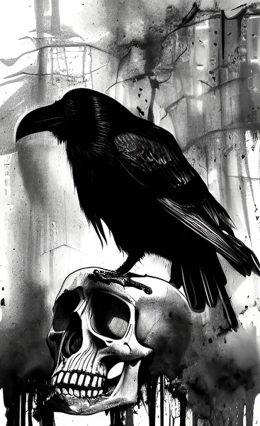 Монохромный Готический Рисунок Черного Ворона Сидящего Черепе Чернилах Дизайне — стоковое фото