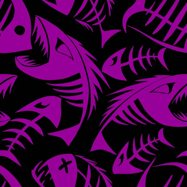 Яркий Бесшовный Рисунок Фиолетовых Графических Рыбных Скелетов Черном Фоне Текстура — стоковое фото