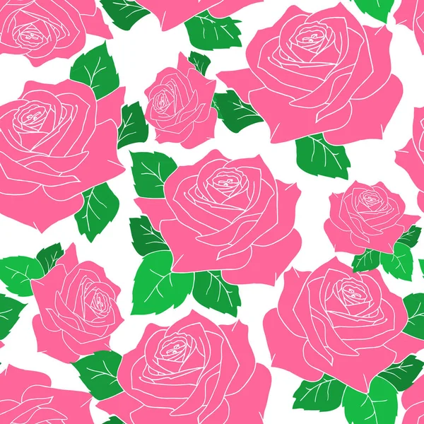 Nahtloses Muster Großer Rosa Rosenblüten Mit Blättern Auf Weißem Hintergrund — Stockfoto