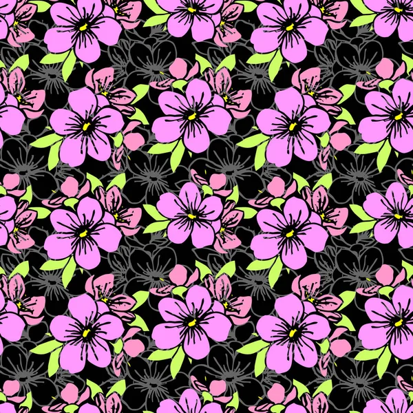 ピンクのシルエットと黒い背景の花の灰色の輪郭のシームレスなパターン テクスチャ デザイン — ストック写真