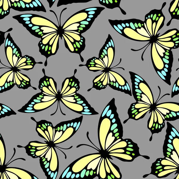 Gri Arka Planda Parlak Renkli Kelebeklerin Kusursuz Deseni Dokusu Tasarımı — Stok fotoğraf