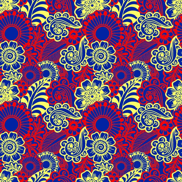 青い背景 デザイン上の黄色赤の要素のシームレスな花のグラフィックパターン — ストック写真