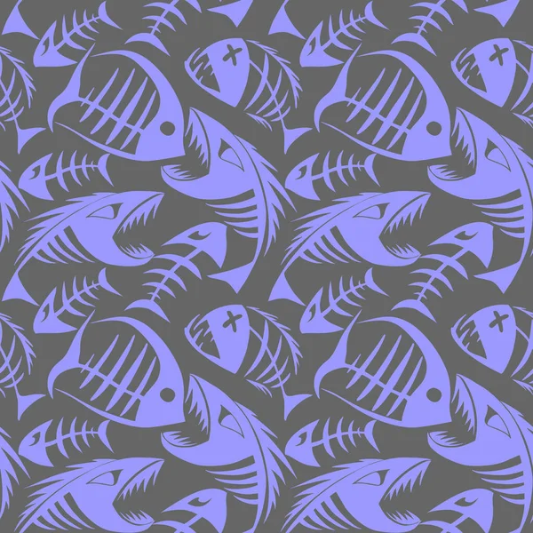 Яркий Бесшовный Узор Голубых Графических Рыбных Скелетов Сером Фоне Фактуре — стоковый вектор