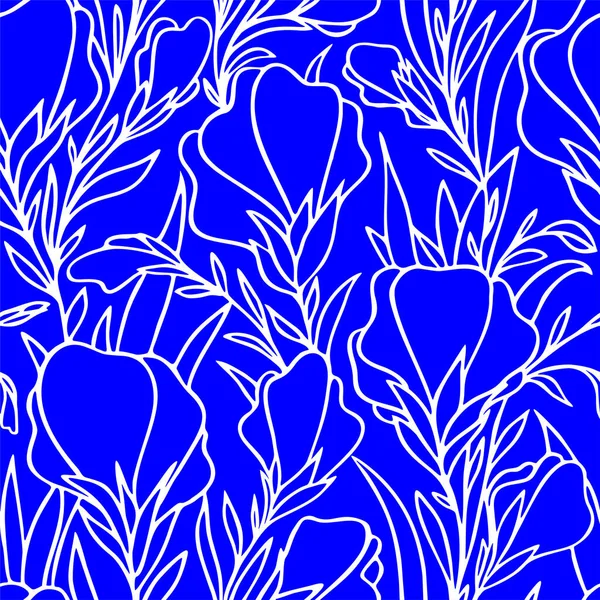 Простой Двухцветный Бесшовный Узор Белых Больших Контуров Цветов Синем Фоне — стоковый вектор