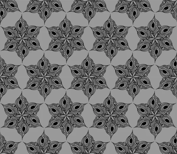灰色の背景 テクスチャ デザイン上の抽象的な黒いグラフィック要素のシームレスな対称パターン — ストックベクタ
