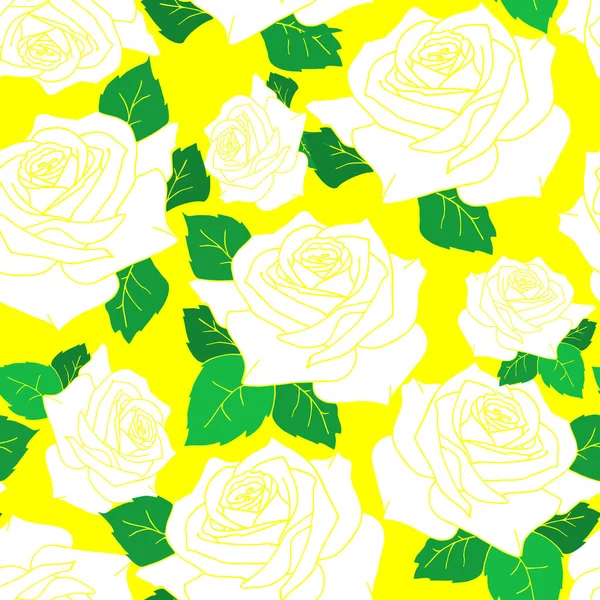 黄色背景 图案的白色大玫瑰无缝花纹 — 图库矢量图片