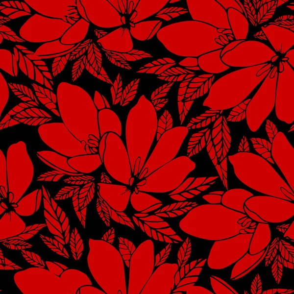 Asymmetrisk Sömlös Blommig Röd Kontur Mönster Svart Bakgrund Design Bakgrund — Stock vektor