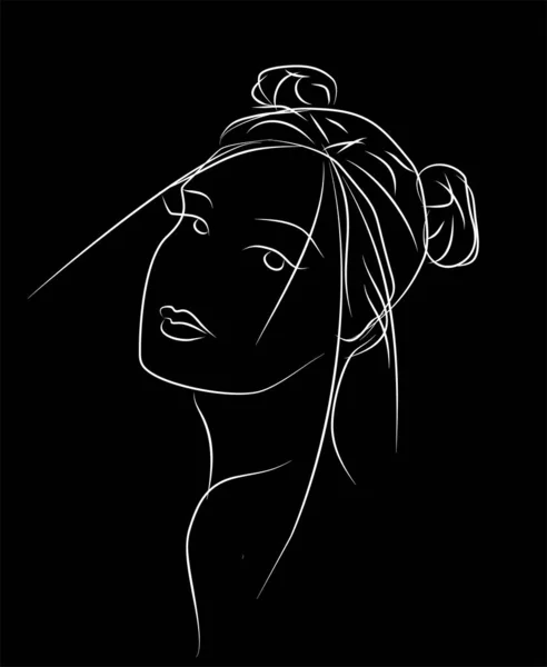 Contour White Female Portrait Black Background Logo Monochrome Design — Stock vektor