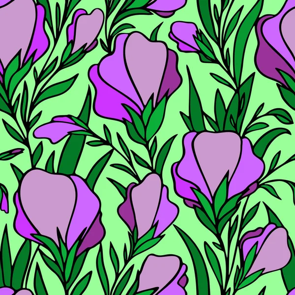 Бесшовный Контур Больших Пурпурных Цветов Зеленом Фоне Текстура — стоковый вектор
