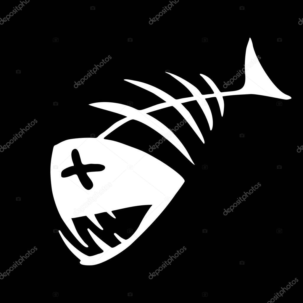 White contour drawing of a fish skeleton on a black background, logo, design