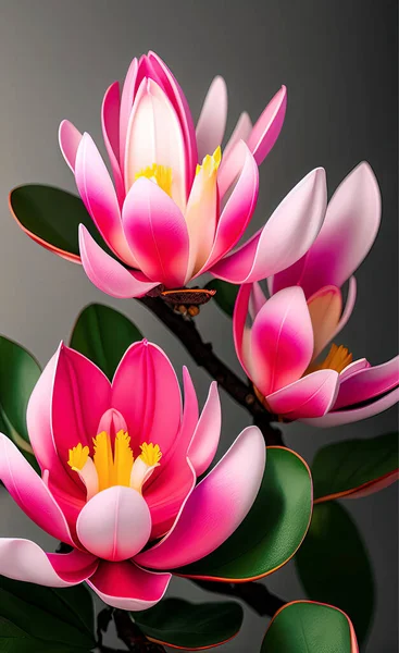 Ljus Illustration Stora Rosa Magnolia Blommor Grå Bakgrund Öppning Design — Stockfoto