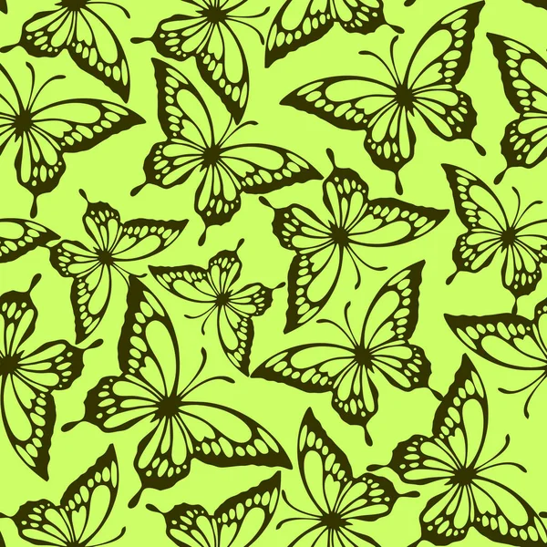 Patrón Sin Costuras Contornos Verdes Mariposas Sobre Fondo Oliva Textura —  Fotos de Stock