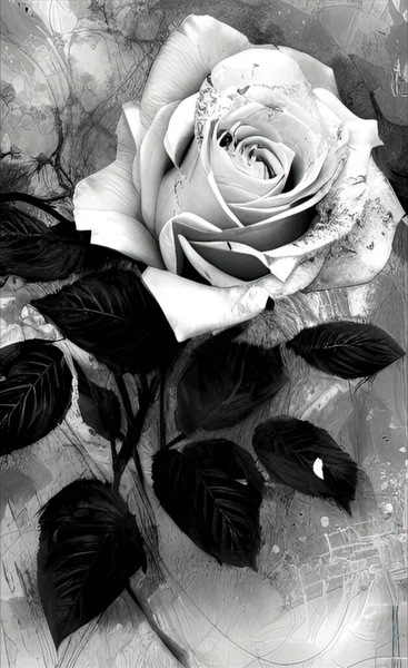 Czarno Biały Rysunek Kwiatu Róży Bliska Monochromatyczna Grafika Sztuka — Zdjęcie stockowe