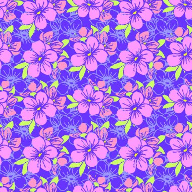Pembe siluetlerin kusursuz deseni ve mavi arkaplandaki çiçeklerin mavi hatları, doku, tasarım