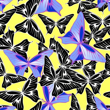Sarı zemin, doku ve dizayn üzerinde mavi-siyah kelebeklerin kusursuz deseni