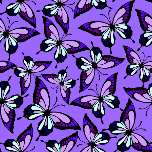 Seamless Pattern Bright Colored Butterflies Purple Background Texture Design —  Fotos de Stock